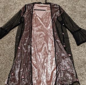 Velour skater dress and embroidered mesh overlay